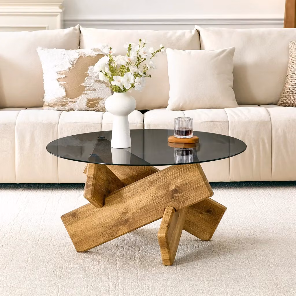 Tavolino rotondo REDOM in vetro temperato effetto legno marrone, Ø 79 cm, H 45 cm – 2