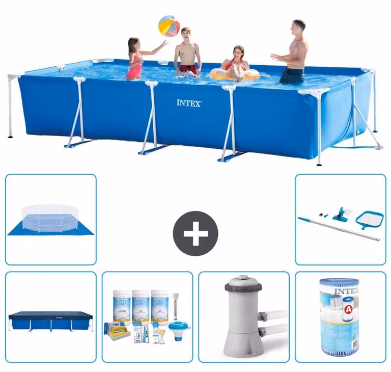 Struttura rettangolare per piscina - 450 x 220 x 84 cm - Blu - Inclusi nella confezione: telo di copertura, kit di manutenzione, pompa per piscina, filtro, telo per il fondo, kit di pulizia