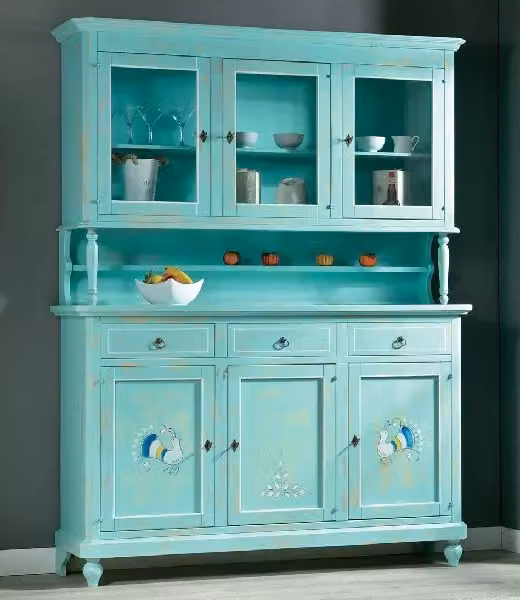 Cristalliera Shabby Chic Mobili 2G in Legno con Ante in Vetro e 3 Cassetti, Colore Verde Turchese, H 221 cm x L 100 cm x P 50 cm – 2