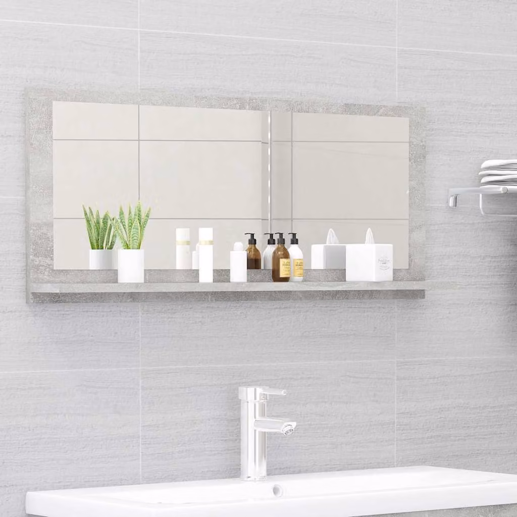 Specchio da bagno moderno vidaXL in legno multistrato e vetro, colore grigio cemento, L 90 cm x P 10,5 cm x H 37 cm