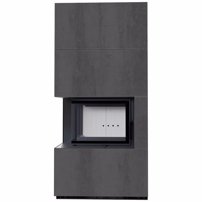 Kit camino KRATKI FLOKI BOX sinistro 8 kW Ø 160 quarzo sinterizzato NATURALI PIETRA DI SAVOIA ANTRANCITE BOCCIARDATA