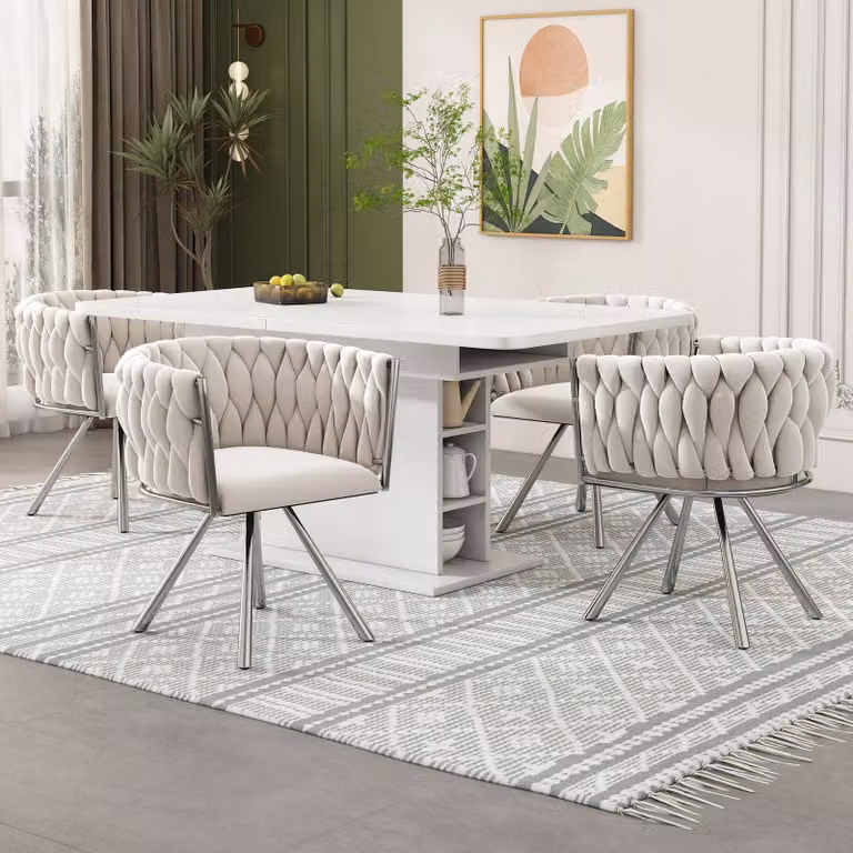 Set di due poltrone da pranzo in velluto, singola poltrona girevole per soggiorno o camera da letto, poltrona girevole per il tempo libero con quattro gambe in metallo, colore beige e argento