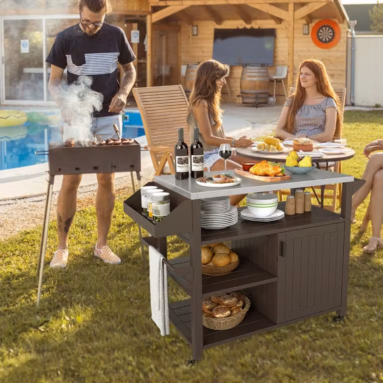 Carrello per grill da esterno Costway con portaspezie, isola da cucina portatile in metallo e acciaio inox grigio con ruote