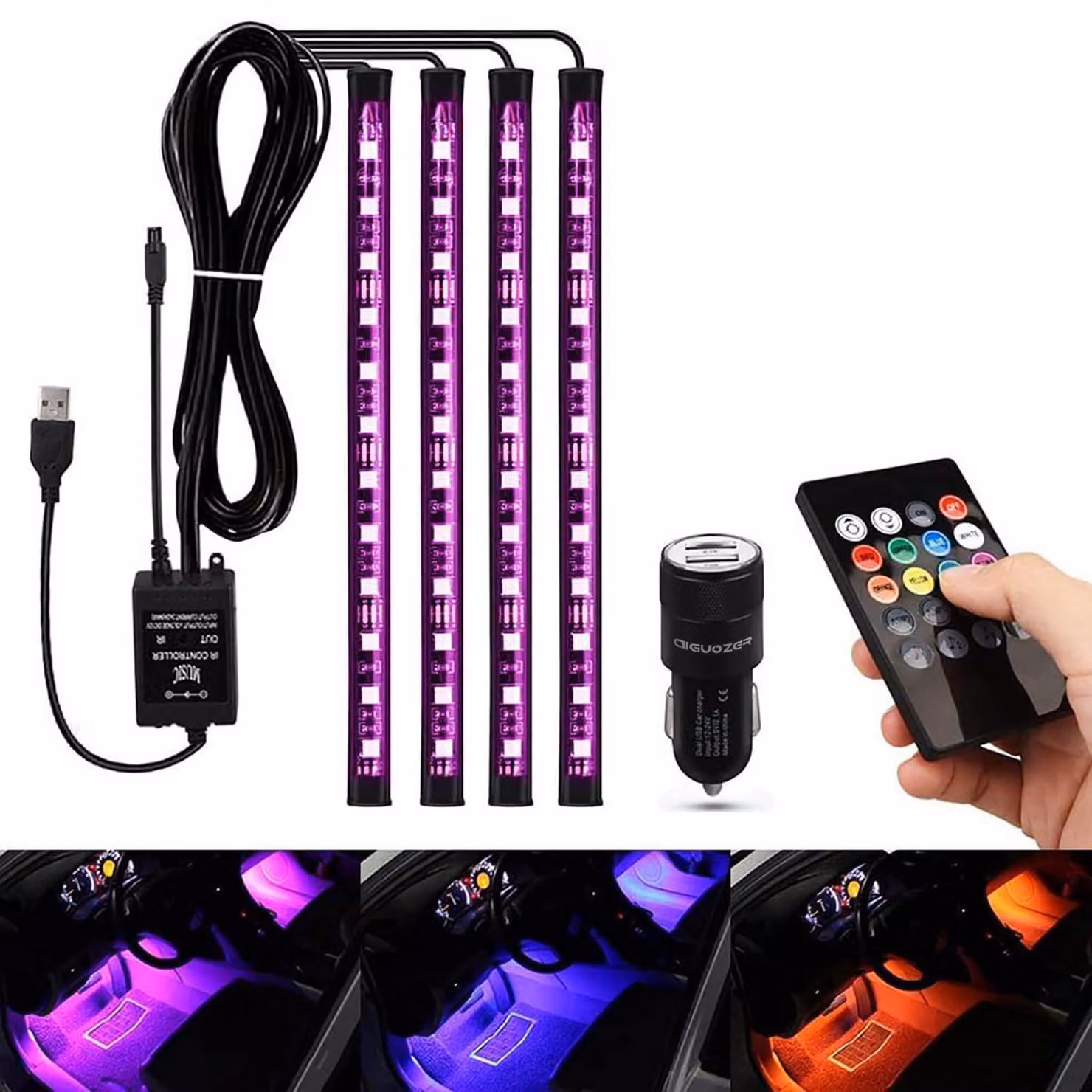 Illuminazione interna a LED per auto, luce d'ambiente USB con telecomando e modalità musicale