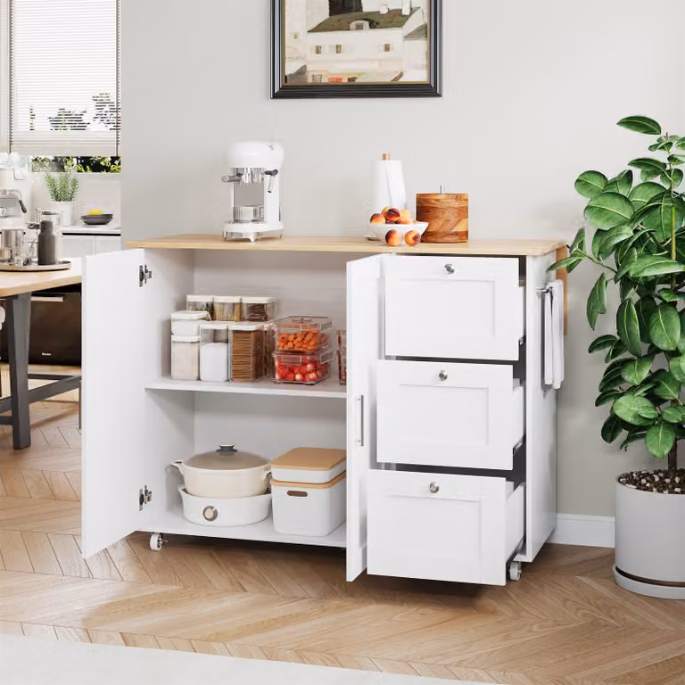 Credenza AIORBER, piano in rovere, design pieghevole, 3 cassetti, porta asciugamani, tavolo da cucina, salvaspazio, per cucina, sala da pranzo, 135x44x90 cm, bianco