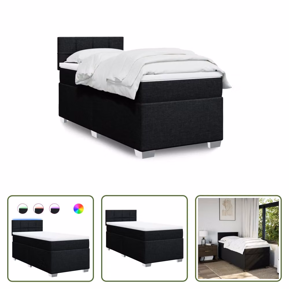 The Living Store Letto a molle con materasso nero 100x200 cm in tessuto