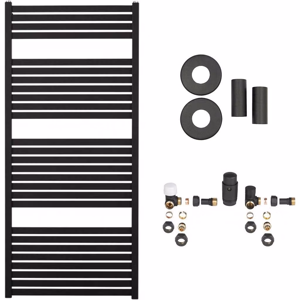 Set radiatore per bagno Vincenzo - riscaldamento centralizzato - attacco laterale - 600W - nero opaco - 1330x600 mm