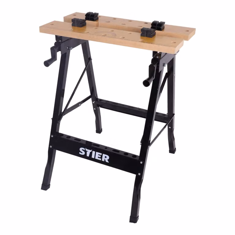 Banco da lavoro STIER, con ganasce, tavolo da lavoro mobile, pieghevole, tavolo di serraggio, salvaspazio, scala di misura e angolare stampata, portata 150 kg