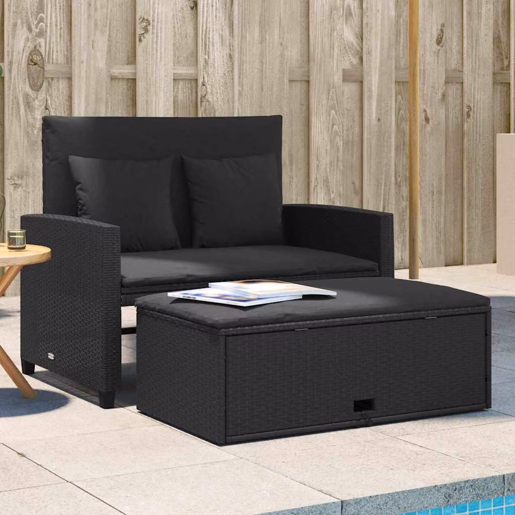 vidaXL Divano da Giardino a 2 Posti in Polyrattan Nero con Cuscini e Pouf coordinato