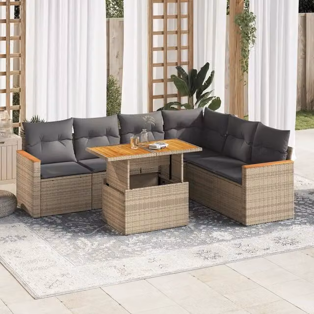 Set Divani da Giardino 7 pz con Cuscini Beige Polyrattan Acacia 3327496