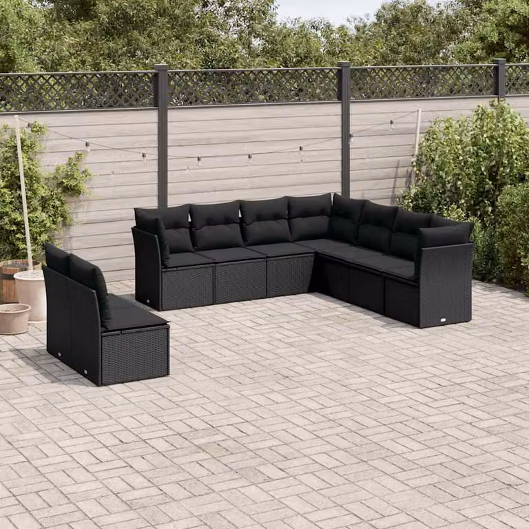 vidaXL Set Divani da Giardino 9 pz in Polyrattan Nero con Cuscini Imbottiti e Rivestimenti Rimovibili