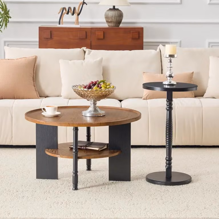 Tavolino rotondo - Set da 2 - MDF - Con spazio contenitivo - 80 cm - Noce/Nero