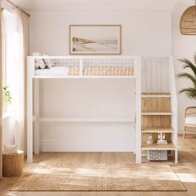 Letto a soppalco ULEVR 90x200 cm con scala, guardaroba e sponde di sicurezza, metallo e MDF bianco