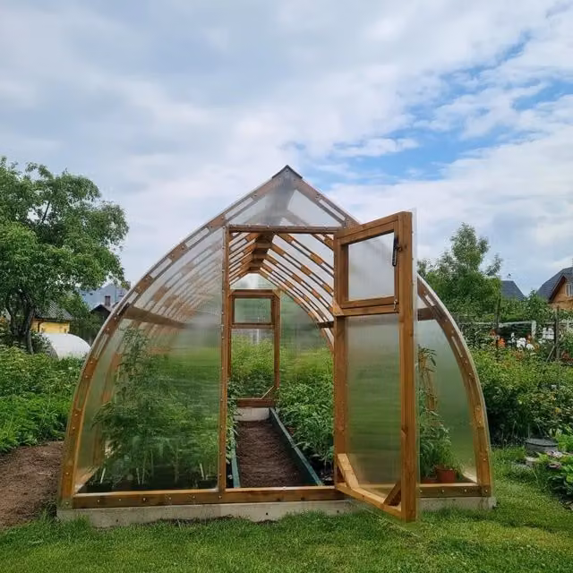 Serra da giardino Arched Wood in legno marrone con rivestimento in policarbonato da 24 m², L: 8 m, P: 3 m, H: 2,3 m