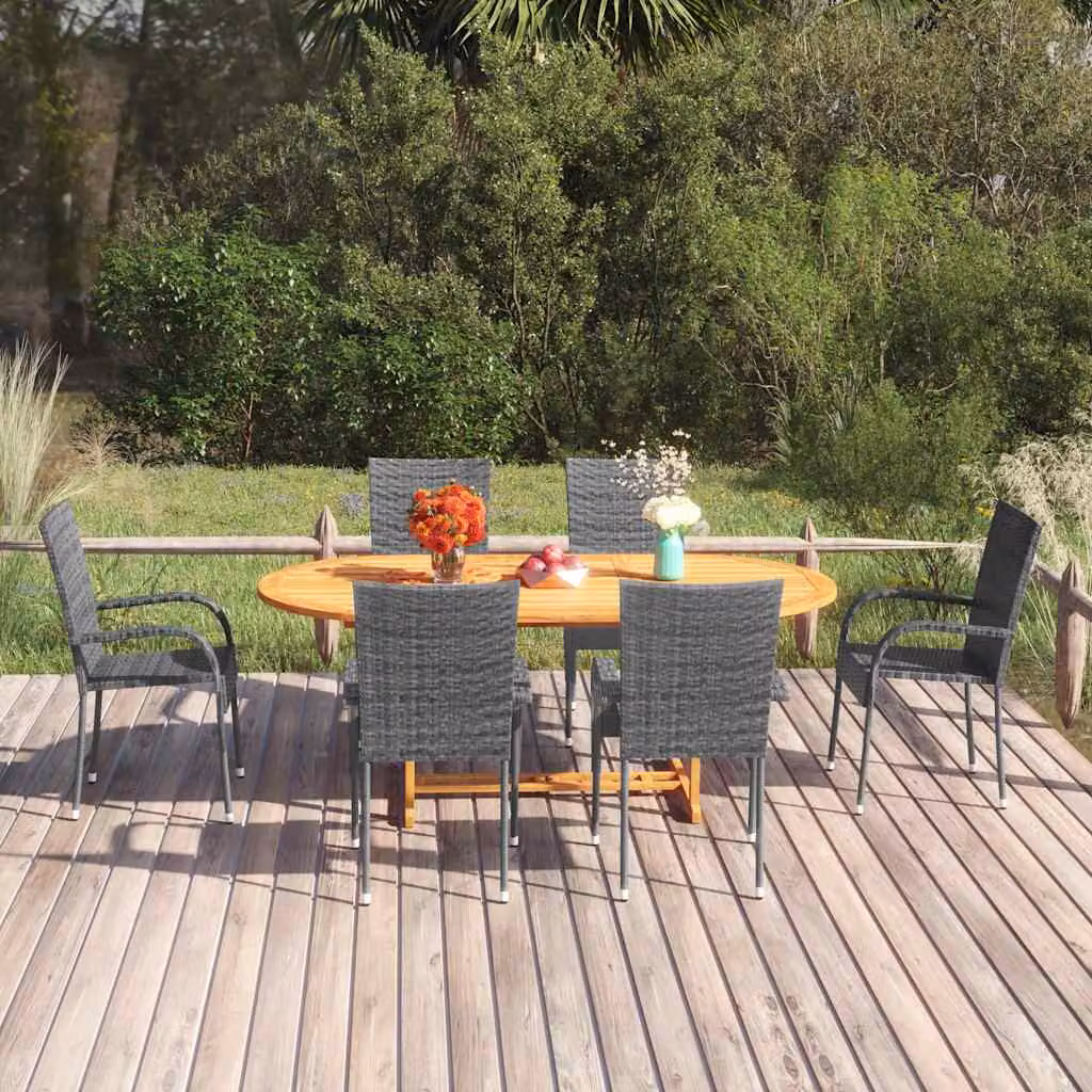Set da pranzo da giardino vidaXL in 7 pezzi in polyrattan grigio con tavolo in legno di acacia