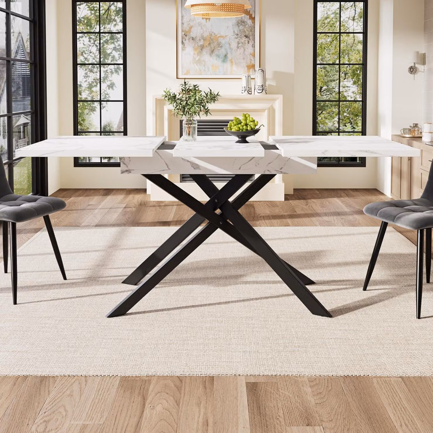 Tavolo allungabile bianco, dimensioni 120-160 cm x 80 cm, piano in MDF e gambe in ferro