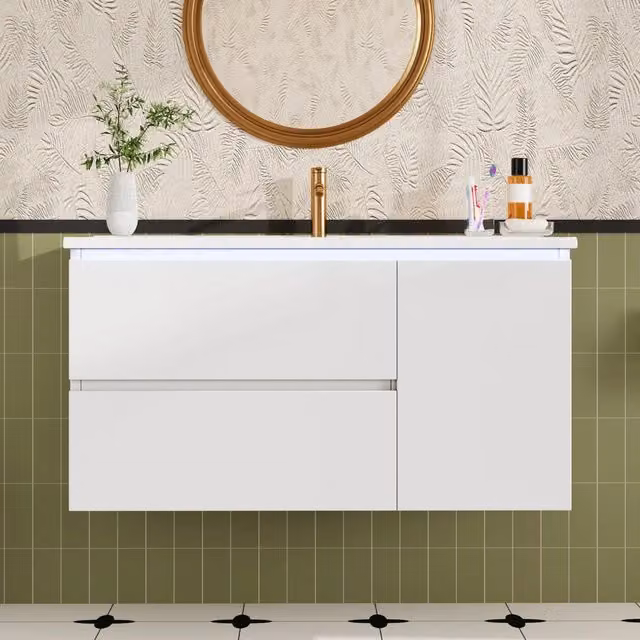 Mobile bagno sospeso REDOM in MDF e ceramica bianco con illuminazione LED e sensore L/P/H: 91,5 x 46,5 x 50,5 cm