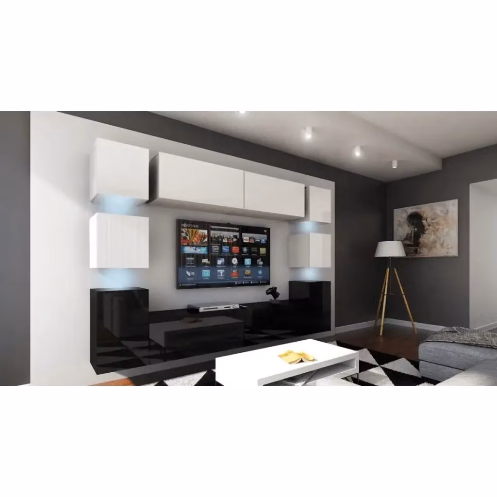 Set di mobili da salotto sospesi Meublorama collezione CEPTO XIV, composto da 10 pezzi con illuminazione LED integrata, colori nero, bianco e multicolore, L: 256 cm – 2