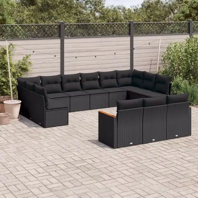 Set di Divani da Giardino a L vidaXL in Polyrattan Nero con Cuscini e Struttura in Acciaio
