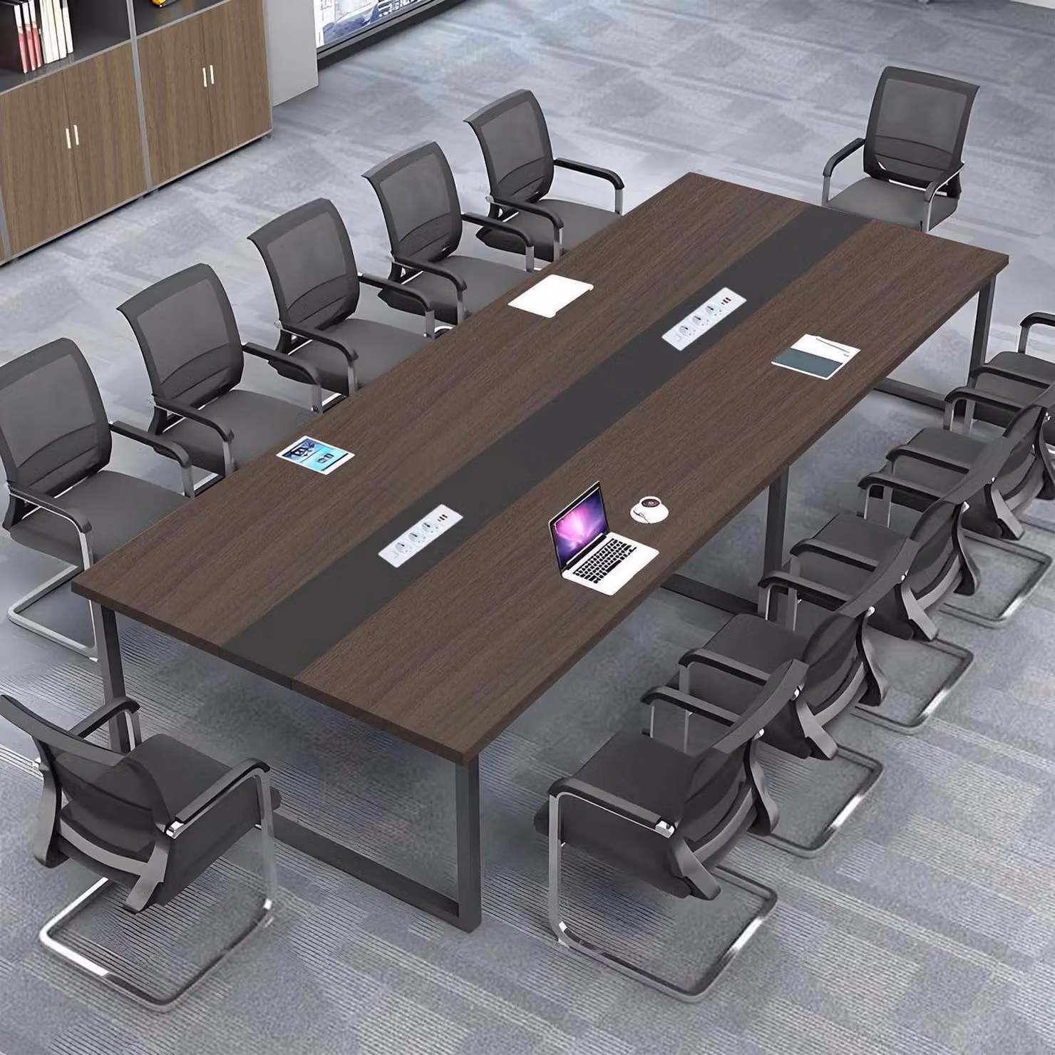 Tavolo da conferenza con sistema di gestione dei cavi, dimensioni 200x80x74 cm, design moderno, ideale per l'ufficio