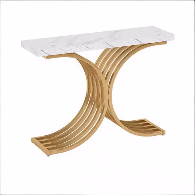 Tavolo consolle REDOM in marmo bianco e metallo dorato, design geometrico glamour, L: 100 cm, P: 30 cm, H: 80 cm – 1