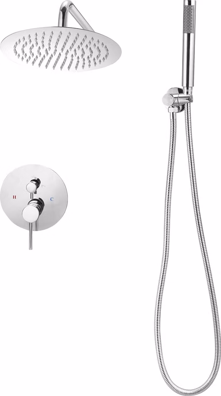 SucceBuy miscelatore doccia a pioggia per bagno con soffione rotondo da 254 mm e doccetta, miscelatore da parete per bagno con valvola in ottone resistente e set decorativo, argento cromato