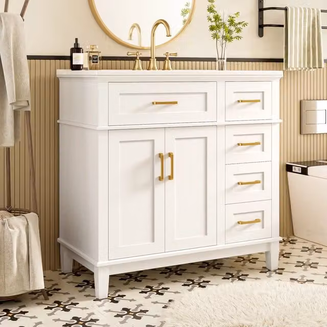 Mobile bagno a pavimento moderno bianco con lavabo in ceramica e dettagli oro L/P/H: 90 x 46 x 87 cm