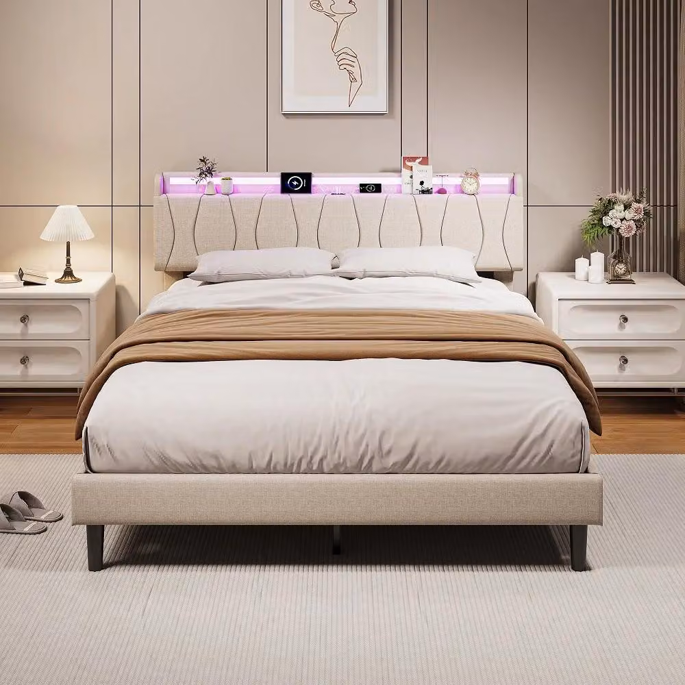 Letto imbottito - Letto matrimoniale - 160 x 200 cm - Struttura in legno - Senza contenitore - Rettangolare - Beige