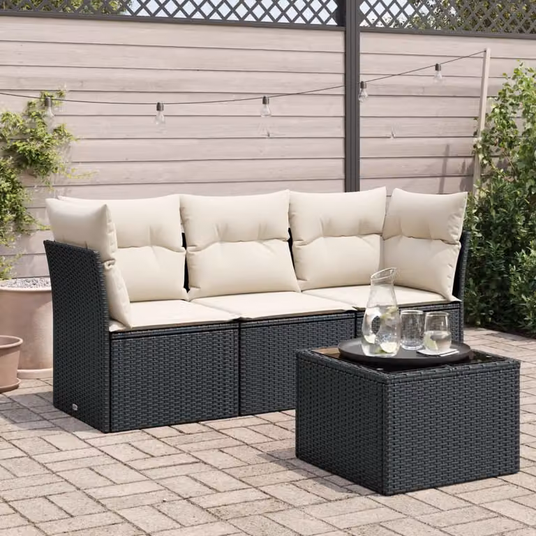 Set di divani da giardino vidaXL 4 pezzi in polyrattan nero con cuscini e tavolino da esterno