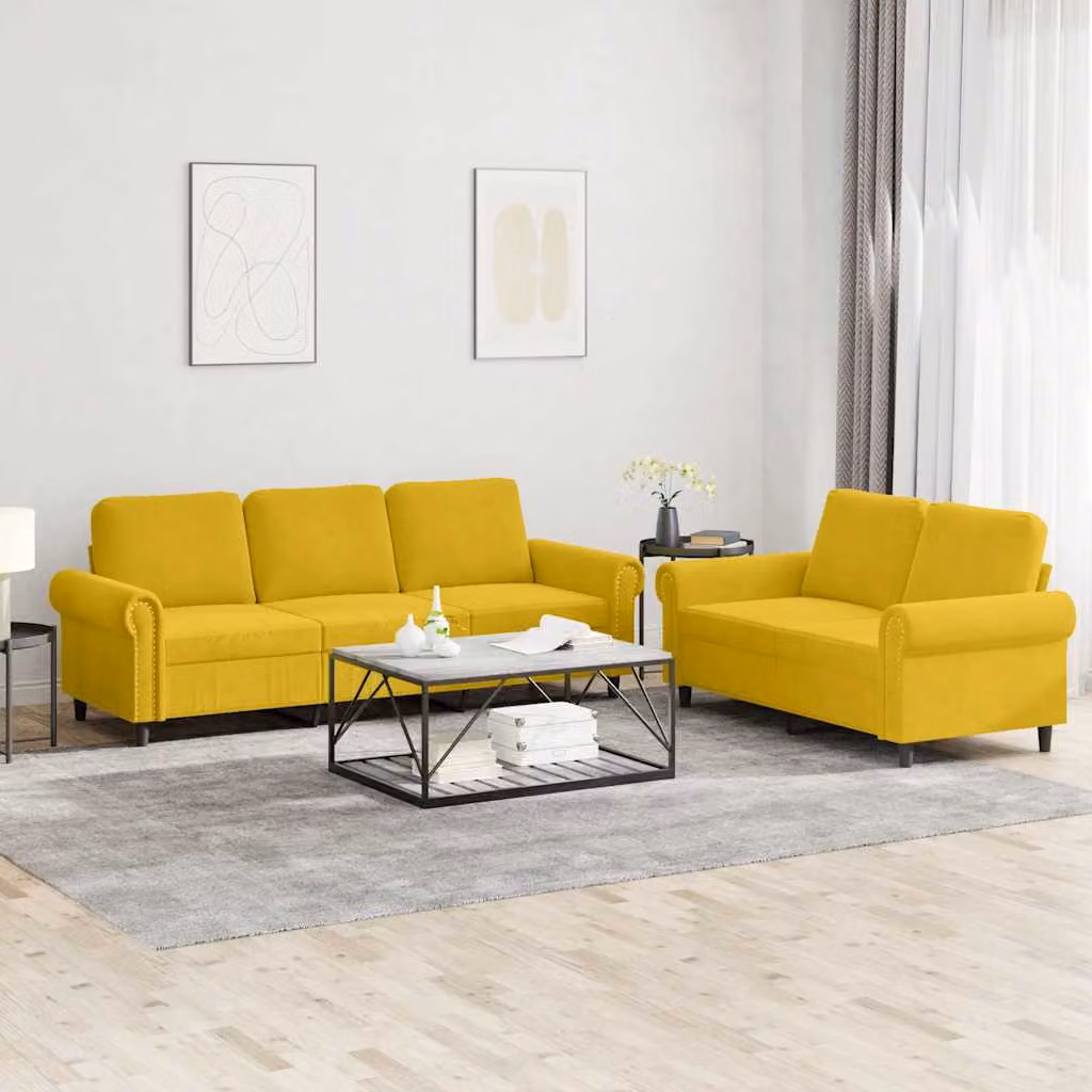 Set di divani vidaXL in velluto giallo con cuscini, composto da un divano a 2 posti e uno a 3 posti per il tuo soggiorno moderno