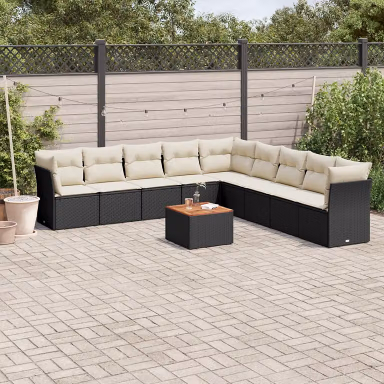 Set di divani da giardino vidaXL in polyrattan nero con cuscini e tavolino da esterno
