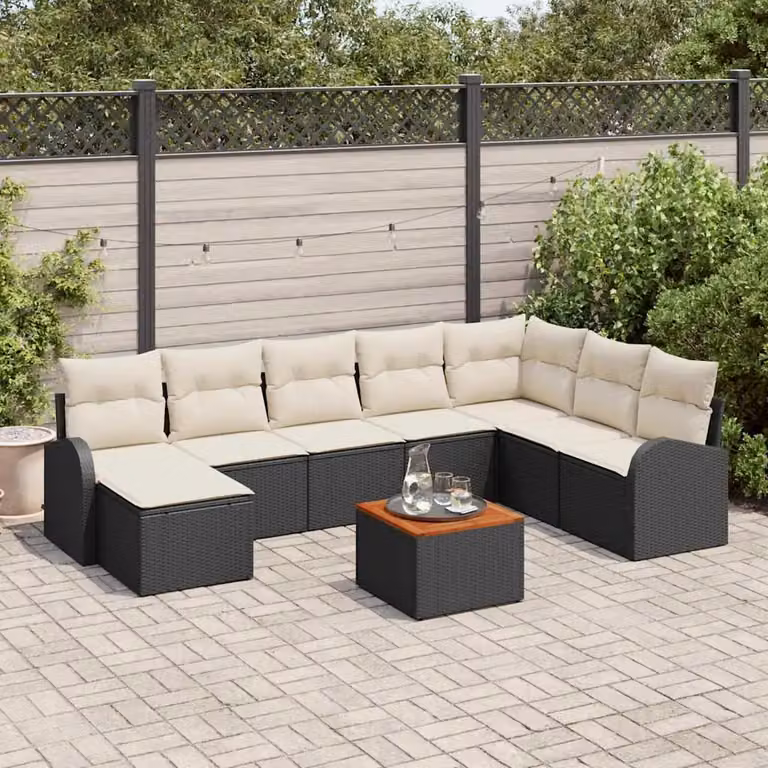 Set Divano da Giardino vidaXL 9 Pezzi in Polyrattan Nero e Beige con Cuscini e Tavolino da Esterno