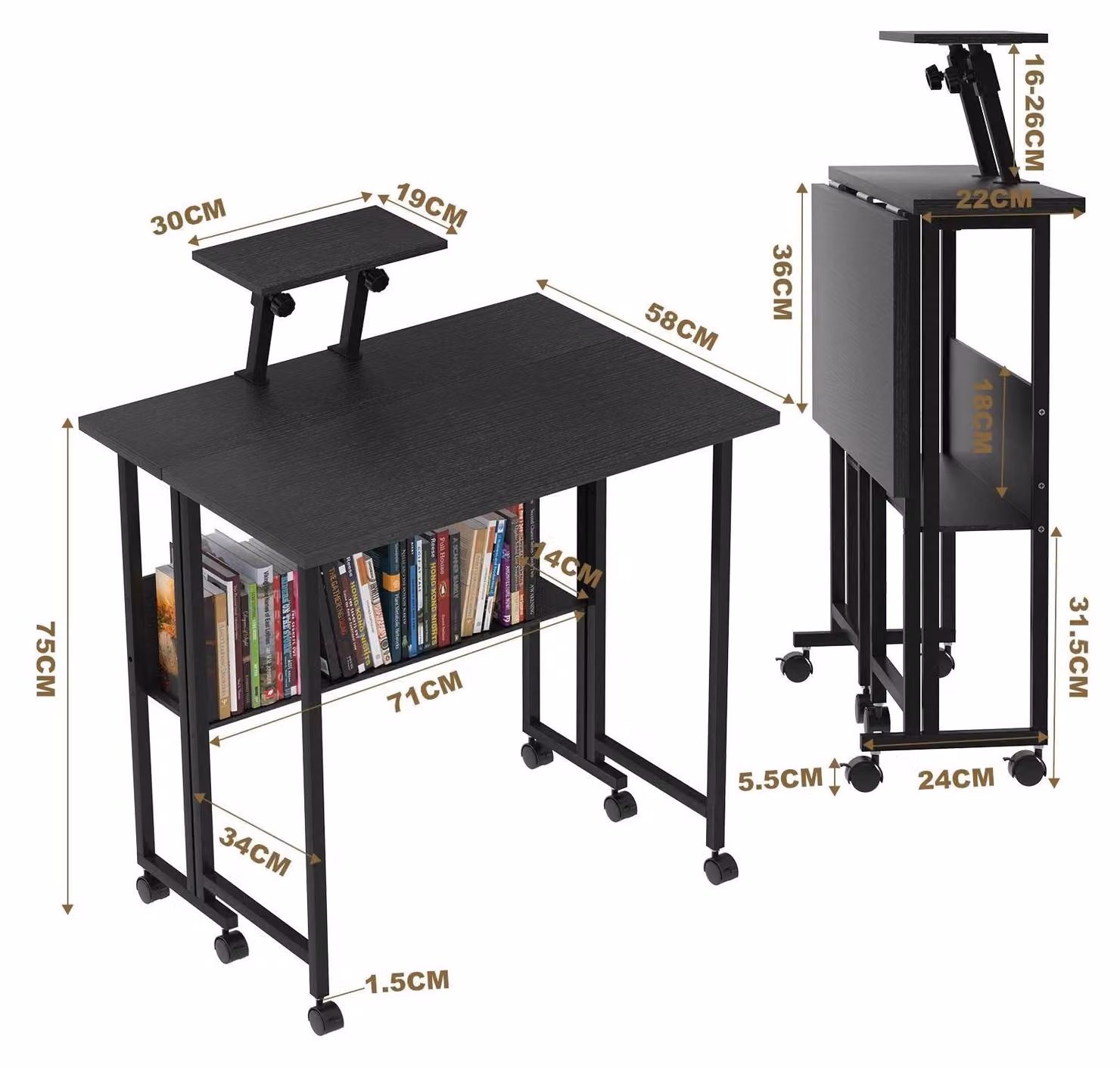 Tavolo pieghevole portatile - Scrivania per computer su ruote - Con spazio contenitivo - Con cassetto estraibile per la tastiera - Ideale per piccoli spazi - Piano rettangolare - Colore nero