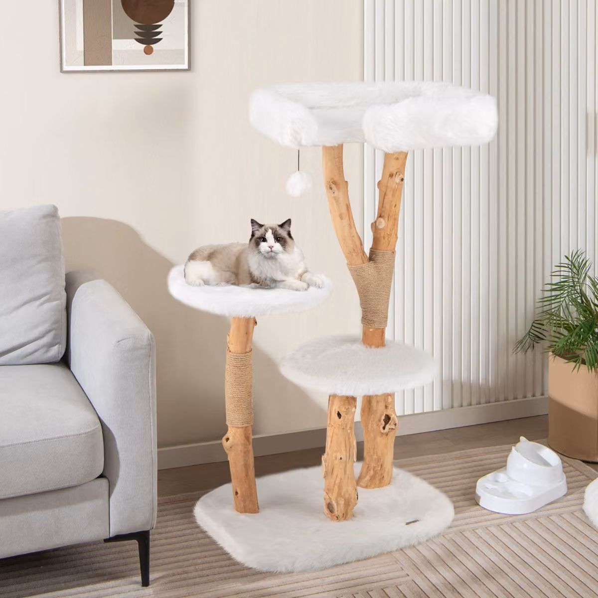 Albero per gatti Costway in legno con piattaforma e pali in corda di juta, torre per gatti in peluche bianco, Altezza: 110 cm