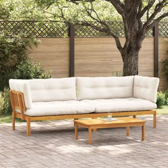 Set da giardino a forma di L con divano a 2 posti, tavolino e pouf vidaXL in legno di acacia trattato, beige e bianco – 1