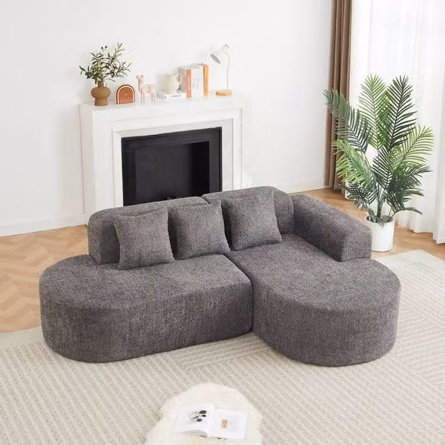 Desviae Divano angolare con chaise longue a destra in ciniglia grigio antracite design arrotondato con 3 cuscini schienale