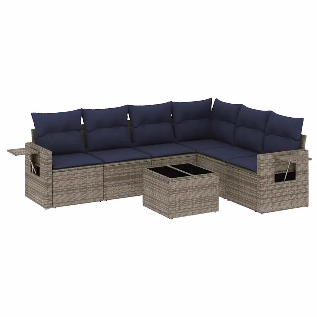Set da giardino vidaXL composto da 7 pezzi con divano ad angolo a forma di L, tavolino da caffè e cuscini grigi in polyrattan e metallo – 2