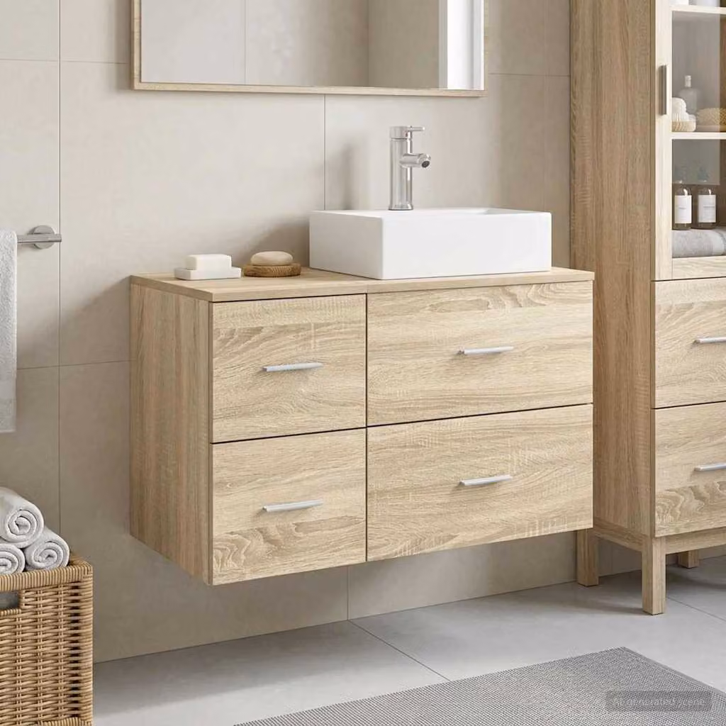 Set di mobili da bagno moderni vidaXL composto da mobile sottolavabo e pensile in legno color rovere, L/P/H: 79,5 x 41,0 x 49,5 cm e 49,5 x 34,9 x 41,0 cm