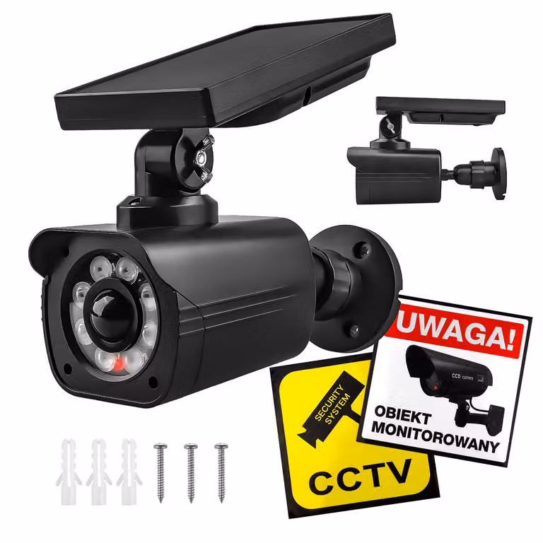 Falsa telecamera di sicurezza alimentata a energia solare, con LED lampeggianti, sensore di movimento e illuminazione a LED. Include adesivi. Modello: SOL1800S/B