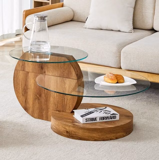 Tavolino da salotto ULEVR con piani in vetro temperato ?49,8 e ?69,8 cm, struttura in MDF effetto legno trasparente