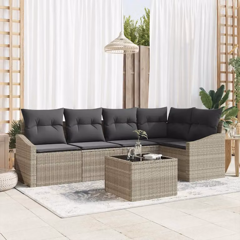 Set di divani da giardino vidaXL a forma di L in polyrattan grigio con cuscini e tavolino da caffè