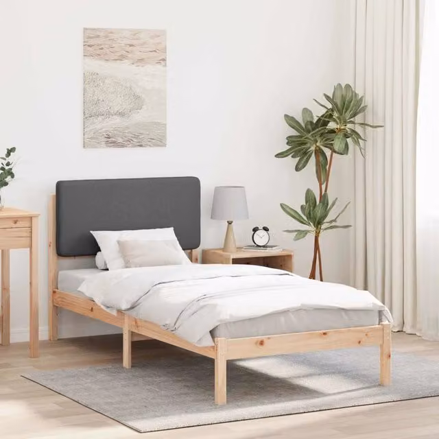 Letto con Testiera Rivestita vidaXL in Legno di Pino e Tessuto Grigio, L/P: 100 x 200 cm – 1
