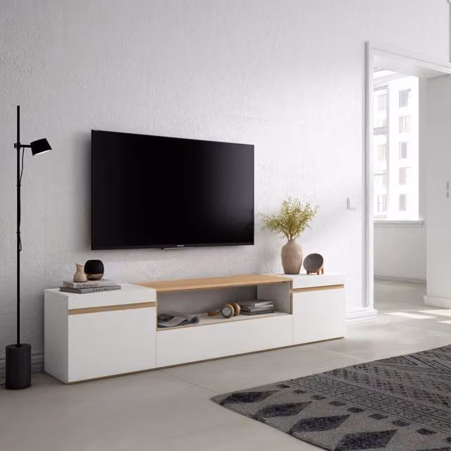 Mobile TV Soggiorno, 200x45x35cm, Per TV fino a 80", Mobile Soggiorno, Bianco e Rovere soft