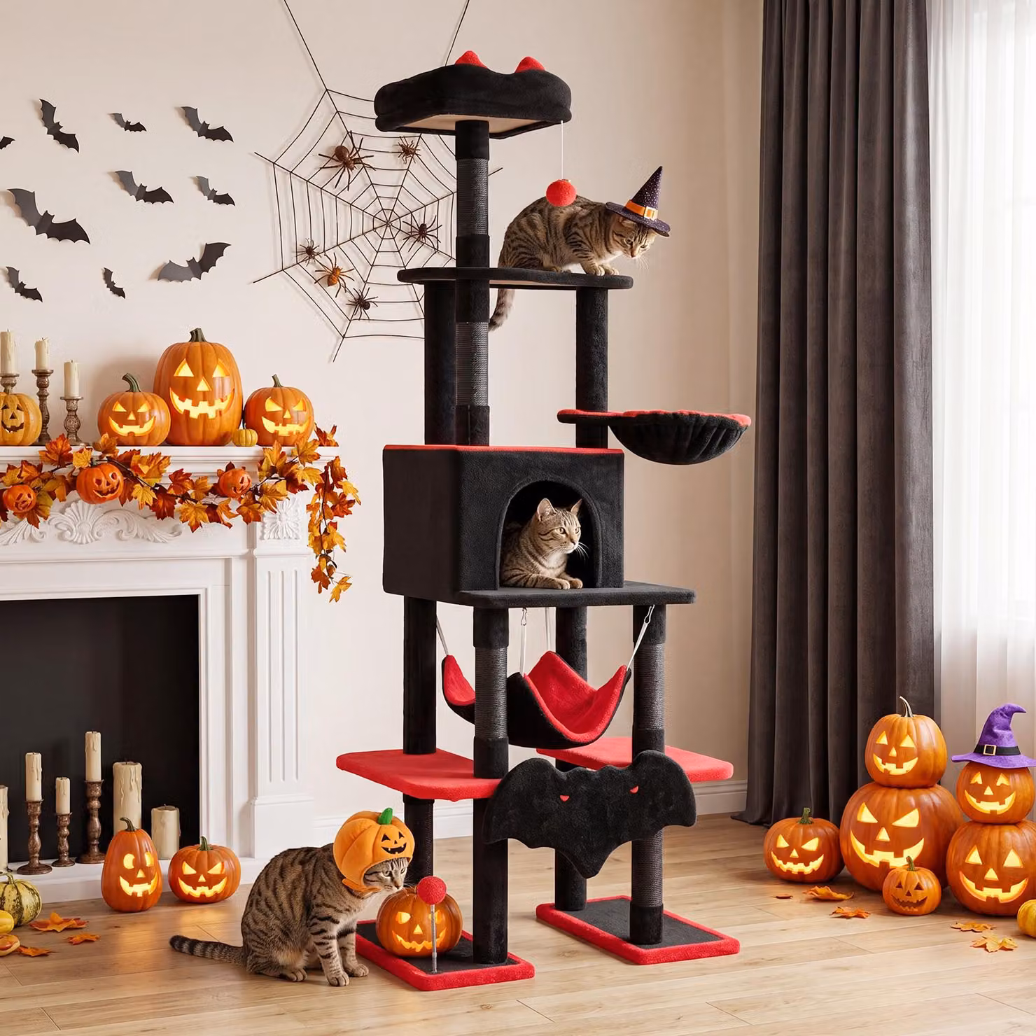 COSTWAY Albero per gatti a 6 livelli (178 cm) con design gotico, dotato di piattaforme, pali in sisal, amaca, cuccia e sistema di sicurezza anti-ribaltamento. Albero per gatti