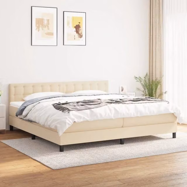 Letto Ibrido con Giroletto a Molle e Materasso vidaXL in Tessuto Beige e Bianco L/P/H: 200 x 200 x 88 cm