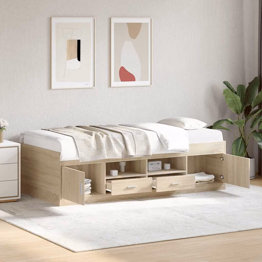 vidaXL Divano Letto Moderno con Cassetti in Legno Rovere, Colore Marrone e Beige, L/P/H: 190 x 90 x 52 cm – 1