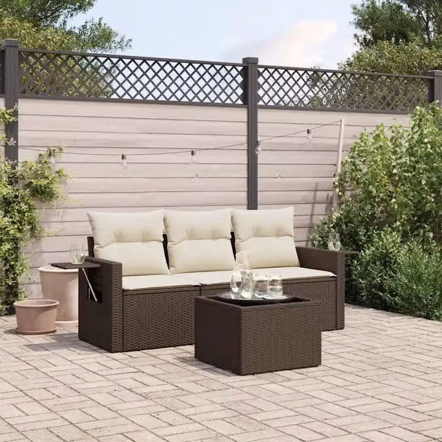 Set Divano da Giardino 4 pz con Cuscini-Sofa da Giardino-Divanetto da esterno Marrone in Polyrattan 140317