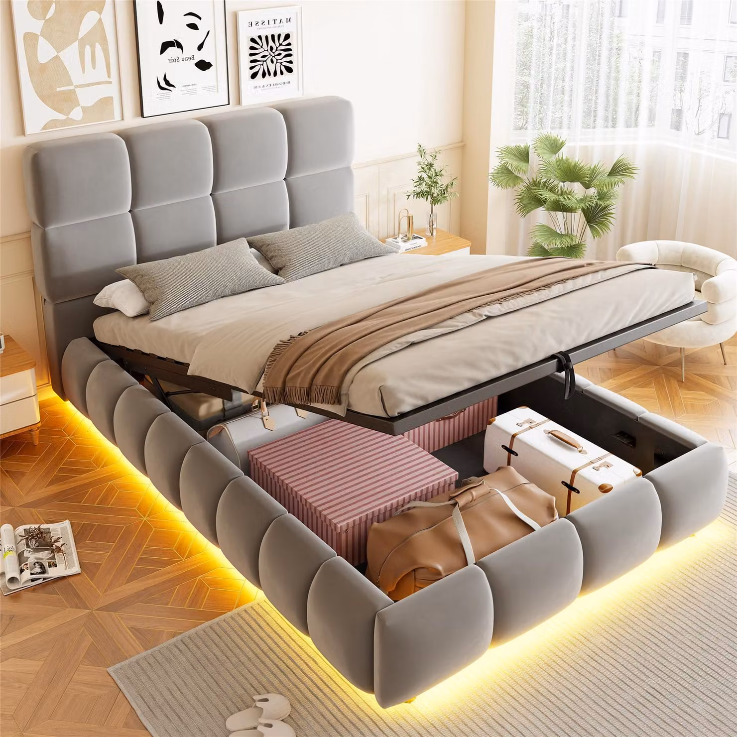 Letto imbottito Merax 90x200 cm con spazio contenitore a sollevamento idraulico, letto per bambini con striscia LED, letto singolo imbottito con testiera in velluto, contenitore sotto il letto, colore grigio