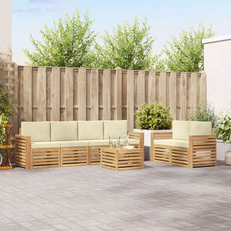 Set di divani da esterno vidaXL a forma di L composto da 7 pezzi con tavolino, in legno di acacia e tessuto bianco e beige