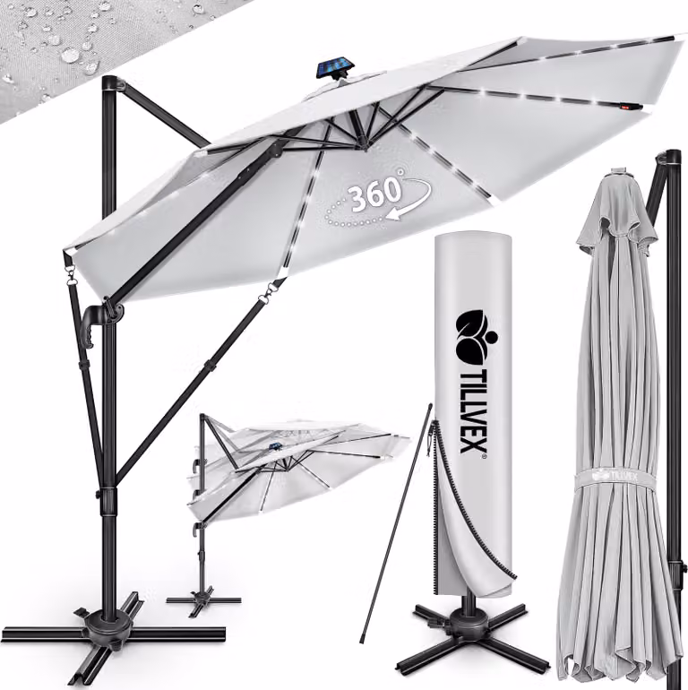 tillvex® Premium ombrellone in alluminio 330 cm grigio + copertura e protezione dal vento | ombrellone a sbalzo 6 pieghevole regolabile con manovella | ombrellone da giardino girevole a 360° inclinabile | ombrellone a manovella UV50+ grande impermeabile